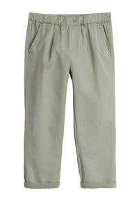 Pantalons en coton vert clair avec une taille élastique, ourlets roulés et poches latérales. Présentent une fermeture à bouton à l'avant.