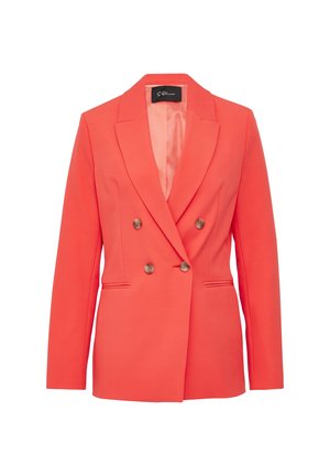 Coral double-breasted blazer crafted from smooth fabric. Features notched lapels, two front pockets, and button accents.