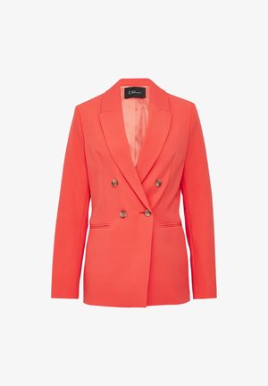 Korallenfarbener, doppelreihiger Blazer aus glattem Stoff. Mit Reverskragen, zwei Fronttaschen und Knopfdetails.