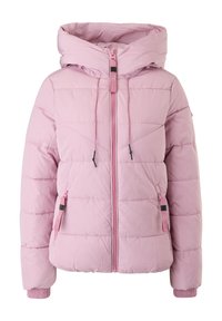 Veste matelassée rose clair avec capuche, fermeture éclair avant, cordons de serrage et poches latérales zippées, conçue pour le temps froid.
