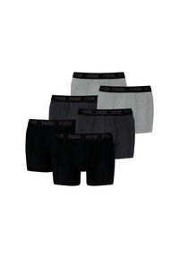 Cinco pares de calzoncillos tipo bóxer en negro, gris oscuro y gris claro. Confeccionados con una tela suave y cinturillas elásticas con el logotipo de "PUMA".
