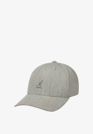 Gray cap made of textured fabric, featuring a kangaroo logo in matching gray. Design includes a curved brim and adjustable back strap.