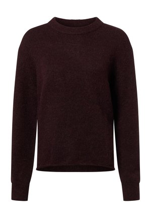 Pull en maille bordeaux à col rond, à manches longues, avec une coupe décontractée et un tissu texturé. Présente des poignets et un ourlet côtelés, et un design minimaliste.