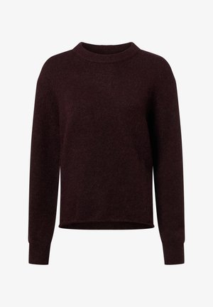 Bordowy sweter z okrągłym dekoltem, z długimi rękawami, o luźnym kroju i teksturowanej tkaninie. Posiada ściągacze na rękawach i u dołu, minimalistyczny design.