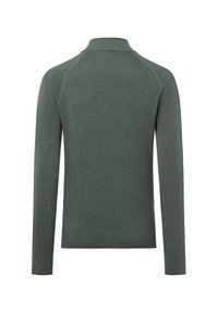 Groene pullover met lange mouwen en een textuurpatroon, voorzien van een hoge kraag en raglanmouwen, gemaakt van een zachte, gebreide stof.