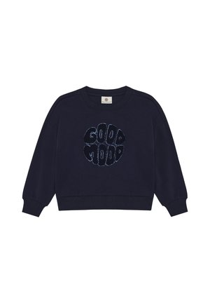 Navyblå langærmet sweatshirt med rundet halsudskæring og teksten ""GOOD MOOD"" i store boblebogstaver foran.