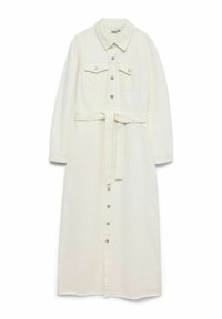 Robe longue en denim crème avec col, devant boutonné, poches poitrine, manches longues et ceinture à nouer à la taille.