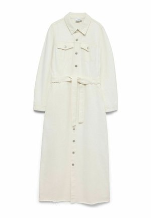 Dolga kremasta obleka iz jeansa z ovratnikom, gumbnim zapenjanjem spredaj, prsni žepi, dolgimi rokavi in pasnim trakom za vezanje.