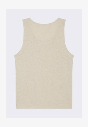 Top sin mangas beige con tejido texturizado, con un escote redondeado y un dobladillo limpio y recto para una silueta simple y moderna.