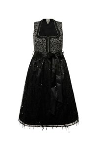 Vestido negro con diseño sin mangas, corsé estampado en gris y cinturón de cinta de satén. La falda está adornada con lentejuelas y cuenta con un dobladillo con flecos.