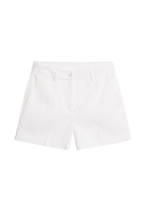 Hvide skræddersyede shorts med frontknap, bæltestropper, sidelommer og et diskret logo på højre ben.