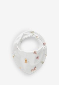 Weißes Baumwollbandana-Lätzchen mit bunten Tier- und Schmetterlingsmustern, mit Druckknopfverschluss und dreieckiger Form. Weicher Stoff.