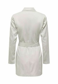 Hele beež trench coat, millel on kohandatud krae, pikad varrukad, pingutatud vöökoht ja sujuv, struktureeritud viimistlus. Ainult tagakülg.