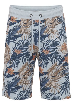 Herre shorts i lyseblå bomuld med et tropisk blad- og blomsterdesign i mørkeblå og jordnære nuancer. Elastisk talje med snoretræk.