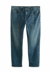 Oprijete jeans hlače v srednje modri barvi, z petimi žepi, subtilnim zbledelostjo in zadrgo ter gumbom za zapiranje. Šivani rob.