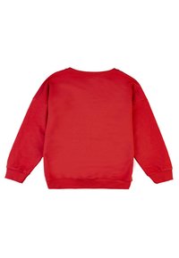Felpa rossa con colletto rotondo, maniche lunghe e polsini a costine. Tessuto liscio, colore uniforme, nessun motivo o design visibile.