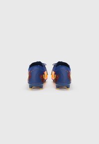 Blue and orange soccer cleats with a smooth synthetic upper, textured accents, and yellow studs. Features lace-up closure and logo details.