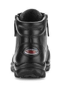 Bottine en cuir noir avec un bout rond, détail de fermeture éclair sur le côté et accent avec logo. Semelle texturée pour une meilleure adhérence ; col rembourré pour plus de confort.