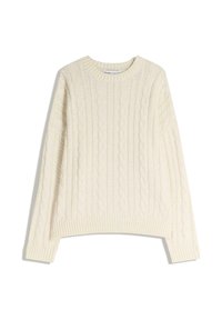 Krém színű, tömör kötésű pulóver, a kabli mintákkal, kerek nyakkivágással és bordázott díszítéssel az alsó szegélyén és az ujjakon. Laza szabású dizájn.