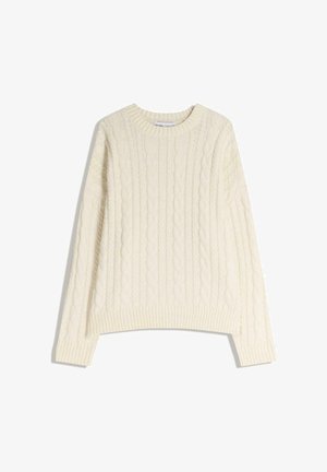 Cremfarbener, grob gestrickter Pullover mit Kabelmustern, rundem Halsausschnitt und Rippstrickabschluss am Saum und an den Ärmeln. Lockere Passform.