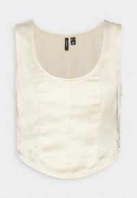 Saténový top bez rukávů v světlé béžové barvě s kulatým výstřihem, zdobený strukturovanými švy a mírně zakřiveným spodním lemem.