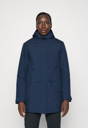 Navy blue, insulated parka with a hood, zip closure, and two large front pockets. Features a smooth, textured fabric for warmth.