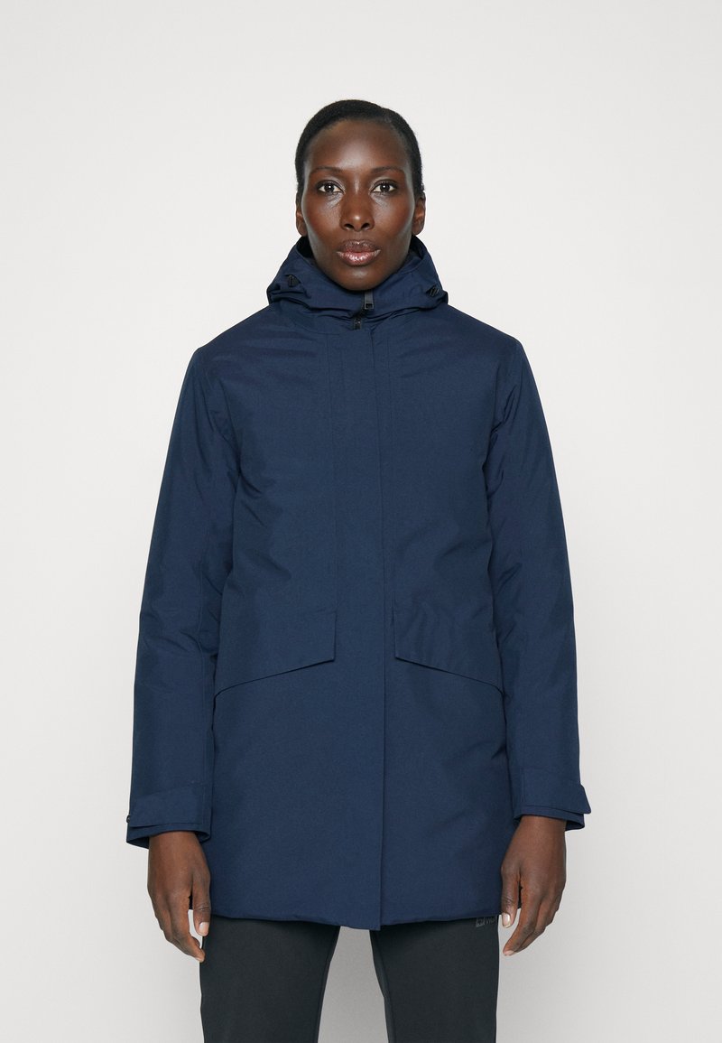 Navy blue, insulated parka with a hood, zip closure, and two large front pockets. Features a smooth, textured fabric for warmth.