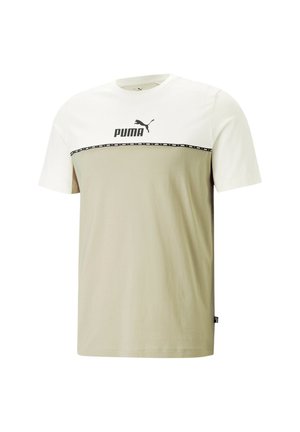 T-shirt à manches courtes beige clair et blanc avec un logo Puma noir et des détails graphiques sur la poitrine. Matière en coton lisse.