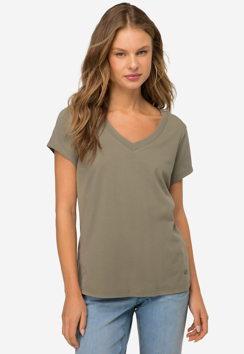 LAURASØN KLEINER KNOTEN V-AUSSCHNITT HALBARM - Camiseta básica - khaki