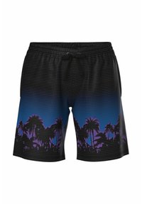Zwarte shorts met trekkoord en een blauw-paars verloop, met zwarte silhouetten van palmbomen langs de zoom tegen een achtergrond met een gestippeld patroon.