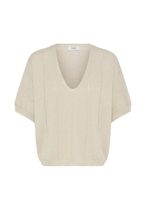 Beige kortærmet striktop med V-udskæring og diskret lodret hulmønster, løs pasform og ribbet kant.