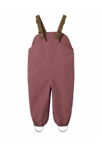 Salopettes étanches bordeaux avec des sangles marron réglables, des poignets élastiques et des boucles pour attacher des accessoires. Texture lisse, forme uniforme.