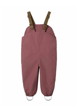 Salopettes étanches bordeaux avec des sangles marron réglables, des poignets élastiques et des boucles pour attacher des accessoires. Texture lisse, forme uniforme.