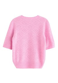Kortærmet lyserød sweater med diamantformet hulmønster, ribbet hals og kant, blød tekstur og en afslappet pasform.