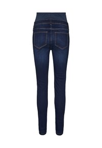 Mørkeblå, tettsittende jeans laget av denim, med en glatt linning, to baklommer og detaljer med kontrastsying.