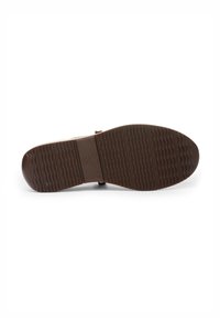 Brown rubber sandal sole with a textured, wave pattern. Features include a smooth center section and reinforced edges for durability.