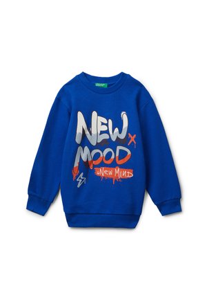 Felpa a maniche lunghe blu con testo in stile graffiti "NEW MOOD New Mind" in bianco, grigio, rosso e arancione sulla parte anteriore.