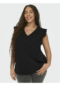 Crna majica s v-neck izrezom i kratkim volanastim rukavima, izrađena od teksturirane tkanine. Ima opušteni kroj i suptilni detalj s bočnim prorezom.