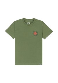 Olivově zelené bavlněné tričko s kruhovým logem na levé části hrudi, se černým textem a červeným akcentem. Krátké rukávy, standardní střih.