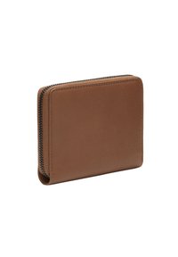 Portafoglio in pelle marrone con chiusura a zip. Presenta una superficie texturizzata e un design rettangolare semplice. I bordi sono cuciti con cura per garantirne la durata.