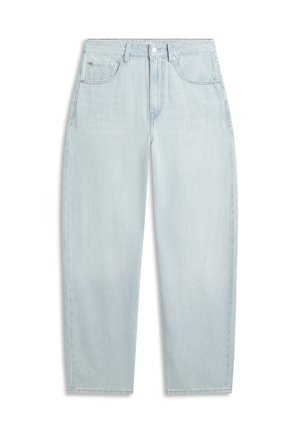 Jean en denim bleu clair avec une coupe décontractée, un design à cinq poches et une fermeture par bouton supérieur. Texture lisse avec un minimum d'usure et une coupe droite au niveau des jambes.