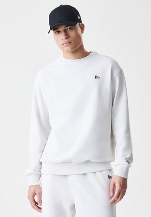 Light gray sweatshirt in a relaxed fit, featuring ribbed cuffs and hem, with a small black logo on the chest. Paired with matching pants.