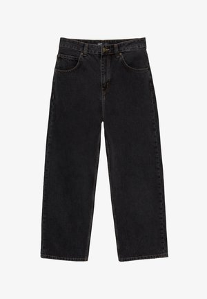 Zwarte wijde jeans gemaakt van denim, met een sluiting met een voorste knop, riemlussen en een klassieke vijf-pocket stijl met subtiele stiksels.