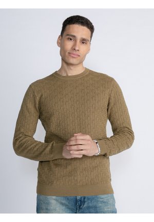 Olive green textured sweater with a round neckline, ribbed cuffs, and hem. Features a geometric pattern throughout the fabric.