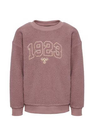 Mauve fleece sweatshirt med ribkantede ærmer og kant, med "1923" og et lille bi-logo broderet på brystet.