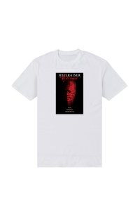 Bílý bavlněný tričko s černým a červeným grafickým potiskem z "Hellraiser: Hellseeker", s texturovanou tváří a tučným textem.
