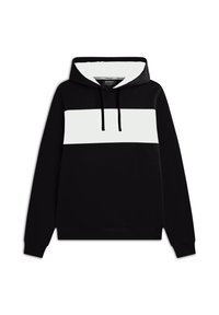 Sudadera negra con una franja horizontal blanca en el pecho. Presenta una capucha con cordones y puños y dobladillo acanalados. Textura de tela suave.