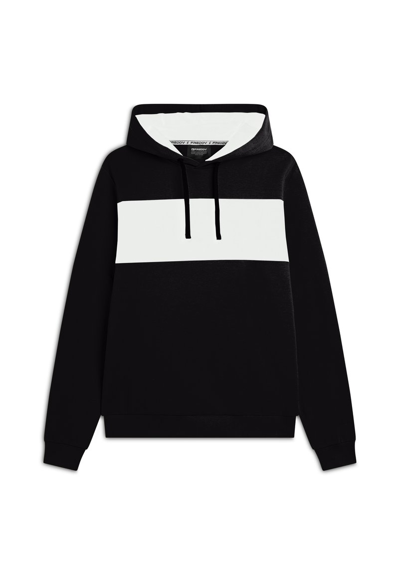 Sudadera negra con una franja horizontal blanca en el pecho. Presenta una capucha con cordones y puños y dobladillo acanalados. Textura de tela suave.