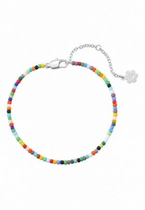Armband mit kleinen mehrfarbigen Perlen und einem silbernen Karabinerverschluss, mit verstellbarer Kette, die in einem silbernen Blumenanhänger endet.