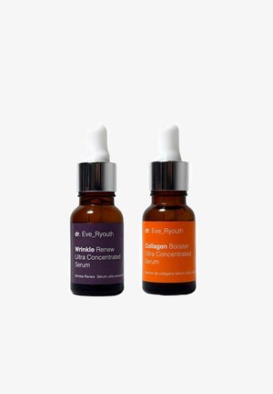 Two amber glass serum bottles with droppers, labeled in dark purple and orange. The left is "Wrinkle Renew," and the right is "Collagen Booster."